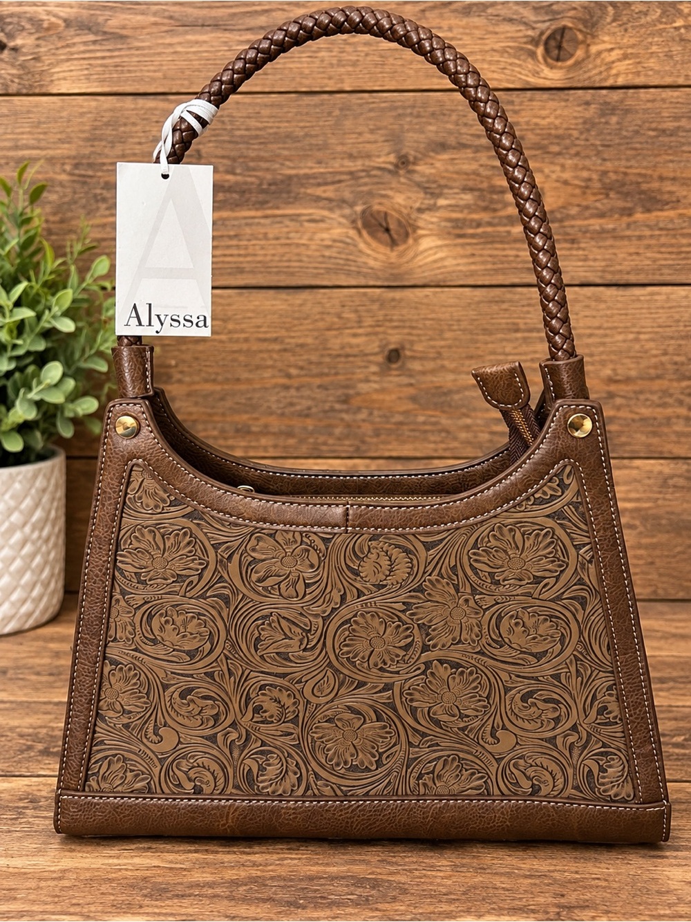 Alyssa Brown Tooled Leather Shoulder Bag